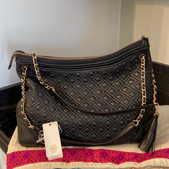 Tory Burch Fleming Tote Black Leather Zip Top Convertible Double Single Handles - Picture 4 of 16